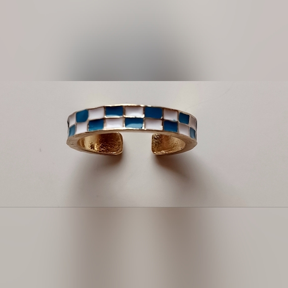 Checkerboard Enamel Adjustable Ring Pink & Blue - Picture 1 of 2
